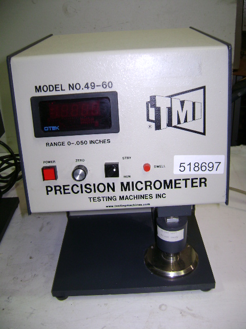 Digital Paper Caliper - Inch unit digital display 0-.05000 inches. RS232 output. The 49-60 Series Digital micrometers are precision instruments. They are designed to accurately measure the thickness or caliper of paper sheets, films, and foils. The micrometer incorporates electronic technology plus thermal and mechanical design to insure maximum stability. The motor driven instrument utilizes the dead weight micrometer principle.