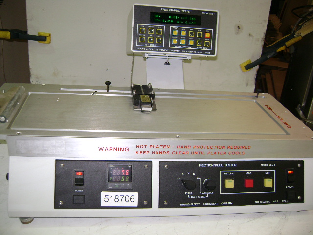 Coefficient of Friction Peel Tester Coefficient of Friction Peel Tester - The 225-1 measures static and kinetic coefficients of friction, as well as peel strength of adhesive materials. It has 9 fixed test times and can accomodate 6 different sled weights. 4 preset test speeds plus a variable speed feature are included.