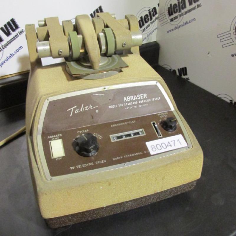 Rotary Abrasion Tester Rotary Abrasion Tester - The 503 Abraser is designed as an accelerated wear tester to test the wear resistance of flat material specimens, rigid or flexible metals or textiles. The 503 features a vacuum pickup nozzle, outlets for vacuum or wheel refacer. This unit includes counter with auto shutoff (can have microprocessor counter upgrade added, at additional cost, which eliminates mechanical counter and all open relays!!) and is in very good condition.