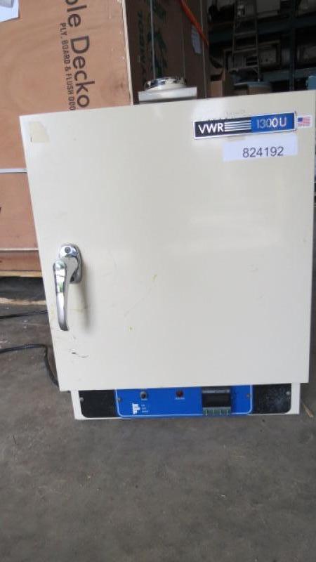 Gravity Oven - The VWR 1300U Gravity Convection Oven offers efficient drying in a compact, space-saving footprint. Using gravity-directed heating, powders, and light samples can be dried or heated without being blown away by active air movement. This dependable drying oven features sturdy construction, a welded steel exterior, and a corrosive-resistant stainless interior sandwiched over 2″ fiberglass insulation. To protect samples and disperse energy, the heating elements are covered, eliminating the risk of a radiant hot spot. This lab oven is an ideal size for small work volumes and testing applications Inside this compact lab oven’s one cu ft interior is perforated shelving designed to let air flow freely for uniformity of ±6°C and can be easily adjusted in half-inch increments without the need for tools.  This gravity convection oven has a temperature range between 40°C and 260°C, with a safety circuit breaker and independent bi-metal safety monitoring. The VWR gravity convection oven also has a 3-inch exhaust port with a sliding air dampener that can be opened to remove humidity from samples or shut for accurate temperature heating. 120 Volt, 5 amp operation Dims are 16x16x21 inches WxDxH outside, 12x12x12 inside. 