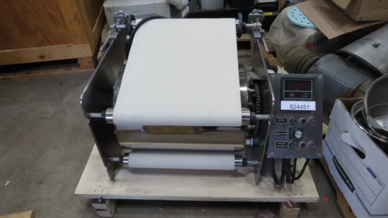 Rotary Felted Handsheet Dryer - 220 volt felted dryer with variable speed drive. The 12 inch diameter dryer drum is electrically heated (3200 watts) and uses stainless steel rolls and frame. Weight is 140 lbs, 29" x 24" x 16" high