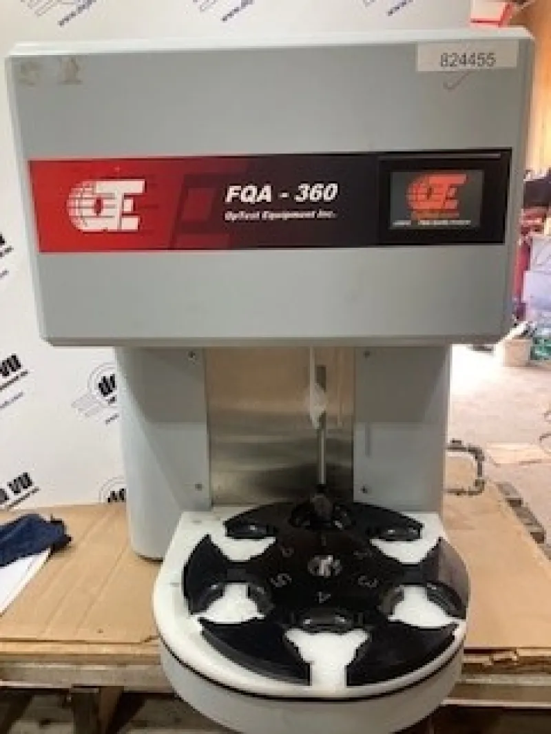 Fiber Quality Analyzer FQA-360 - The FQA rfiber quality analyzer quickly, precisely measures fiber length, width, curl, % numeric fines, and kink in dilute pulp samples. Optional software is available to measure mean fiber coarseness according to ISO 23713, Fiber Wall Thickness, hardwood/softwood blends, Degree of External Fiber Fibrillation, analyze shives and analyze vessel elements. The patented flow cell resists plugging or fouling and orients fibers for correct image analysis. The FQA meets or exceeds the specification of Tappi Test Method T271, PAPTAC B.4 and ISO 16065-1 and -2.  This unit includes the  optional 6 Beaker Carousel..