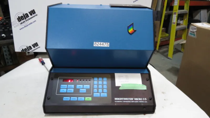 TAPPI Brightness Tester - The Brightimeter Micro S-5 measures true TAPPI/GE brightness, colour The Micro S-5 employs directional 45 degree/0 degree geometry for the measurement of brightness and colour, and provides the following features: 1. Microprocessor control provides instantaneous calculation of data. 2. External printer provides instructions to assist the operator, eliminating the need for frequent reference to the instruction manual and provides hard copy printout of all computed data. 3. Automatic microcomputer controlled calibration- calibration data is stored in memory which is not erased even when electrical power is turned off either intentionally or accidentally. 4. No knob adjustments which eliminates potential source of error. 5. All of the following optical parameters may be measured on the Brightimeter Micro S-5: TAPPI/GE Brightness. Hunter L A B Color, CIE L A B color, Color difference E and E, Color difference statements, CIE Tristimulus Values X Y Z, Reflectance Values R(X), R(Y), R(Z). This instrument includes fluorescence measurement feature option.