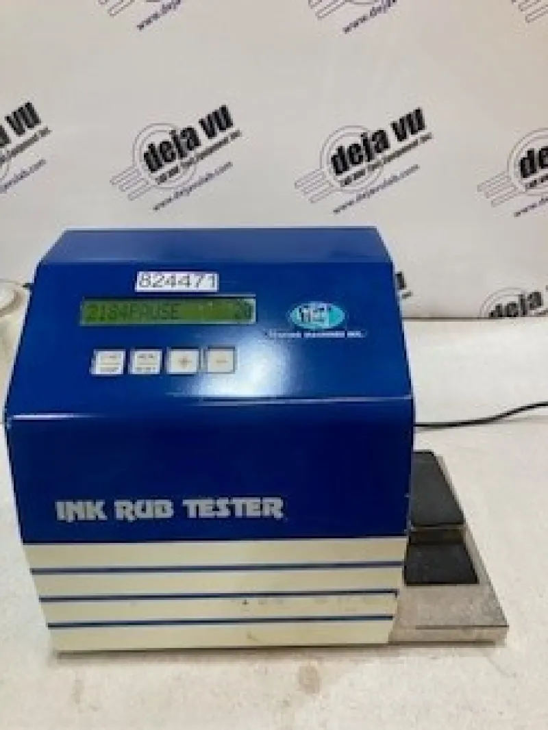 Sutherland Ink Rub Tester - The Digital Ink Rub Tester is designed to measure scuffing or rubbing resistance. Several tests can be performed including:dry rub-the amount of transfer ink from one dry surface to another, wet rub-the amount of transfer of ink from wetted surface to another, wet bleed or transfer-ink transfer to a water saturated blotter, wet smear-similar to wet bleed with the addition or rub cycles, functional rub/wet rub- smear or transfer tests using a liquid other than water and hot abrasion. An optional heated weight provides a uniform test for evaluating “hot abrasion” resistance of printed cartons, labels etc. FEATURES • Three speeds- The standard speed (42 cycles per minute) and two higher speeds (85 and 100 cycles per minute) allow you to decrease the testing time for samples requiring a higher number of rubs • Large character LCD Display • Displays count up, count down, test status and con figurations • Preset counts remain in memory • Automatic shut-off • Selectable “test complete” alarm •  APPLICATIONS Printing, Coatings, Packaging, Inks Main Headquarters SPECIFICATIONS • Model: 10-18-01-0001 •  (1) 0.9 kg(2 lb) weight, spare rubber pads, and sc115 Volts supply. Weight: 13.6 kg (30 lb) + weights • Dimensions W x D x H: 10.20 in x 8 in x 11 in (260 mm x 208 mm x 279 mm) • Specify voltage when ordering STANDARDS ASTM D5264 Standard Practice for Abrasion Resistance of Printed Materials TAPPI T-830 Ink rub test of container board F1571- Method for Determination of Abrasion and Smudge Resistance of Images Produced from Business Copy Products FINAT FTM 27 -Ink Rub test for UV printed labels ink surface against substrate or ink surface.